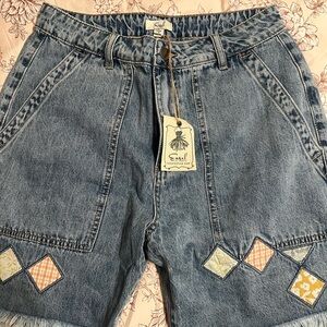 Easel Blue Denim Shorts with Colorful Patches